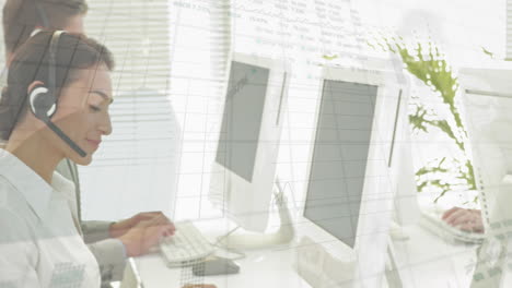 Animation-of-statistical-data-processing-over-biracial-woman-wearing-phone-headset-smiling-at-office