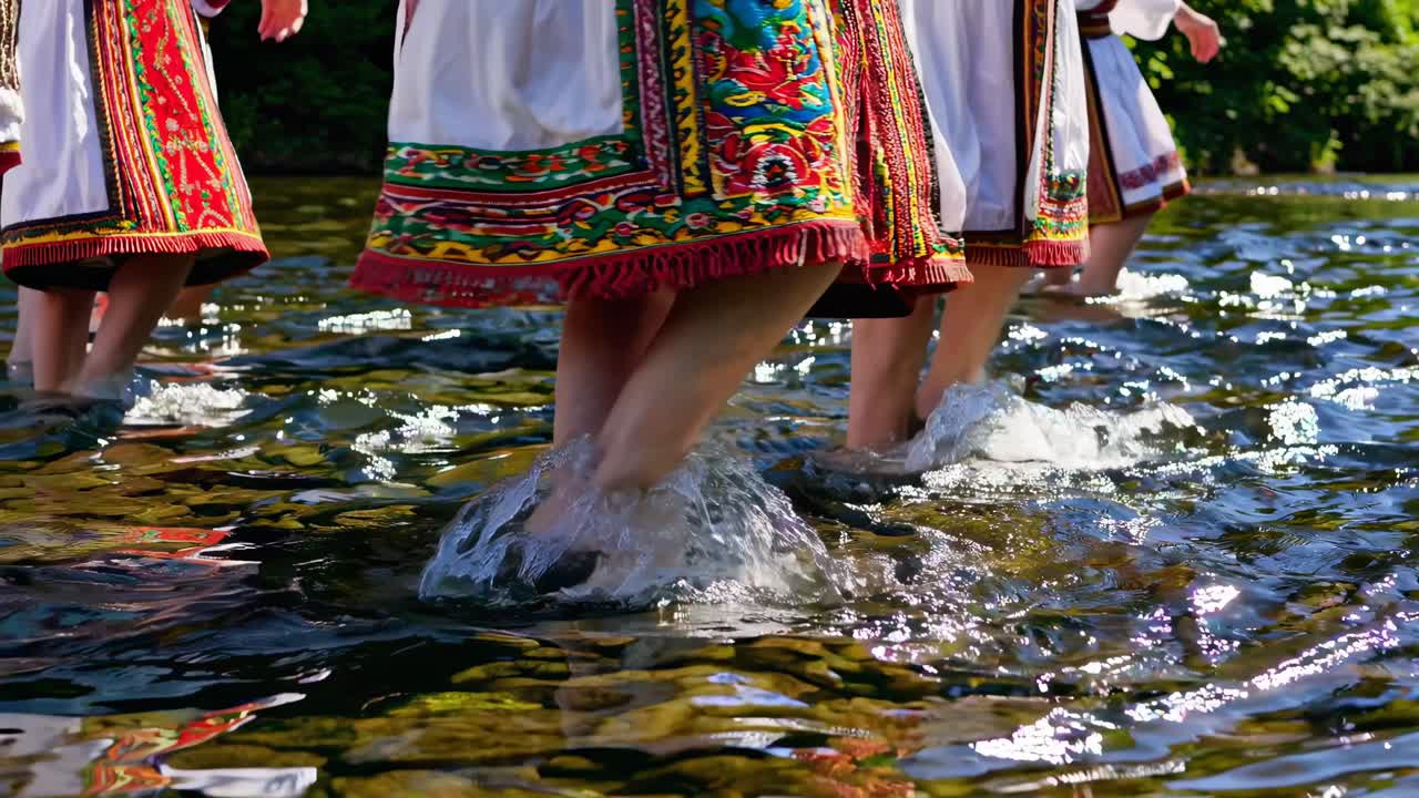 Women in Traditional Costumes Walking Across a River