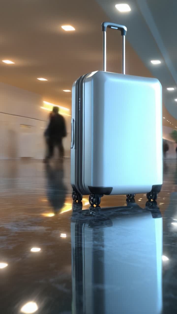 Una Maleta Elegante Posicionada con Gracia en un Brillante Suelo de Aeropuerto con Pasajeros Difuminados y Arquitectura Moderna al Fondo, Capturando la Esencia del Viaje.