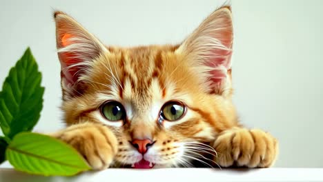 a small orange kitten peeking over a white wall with a green leaf