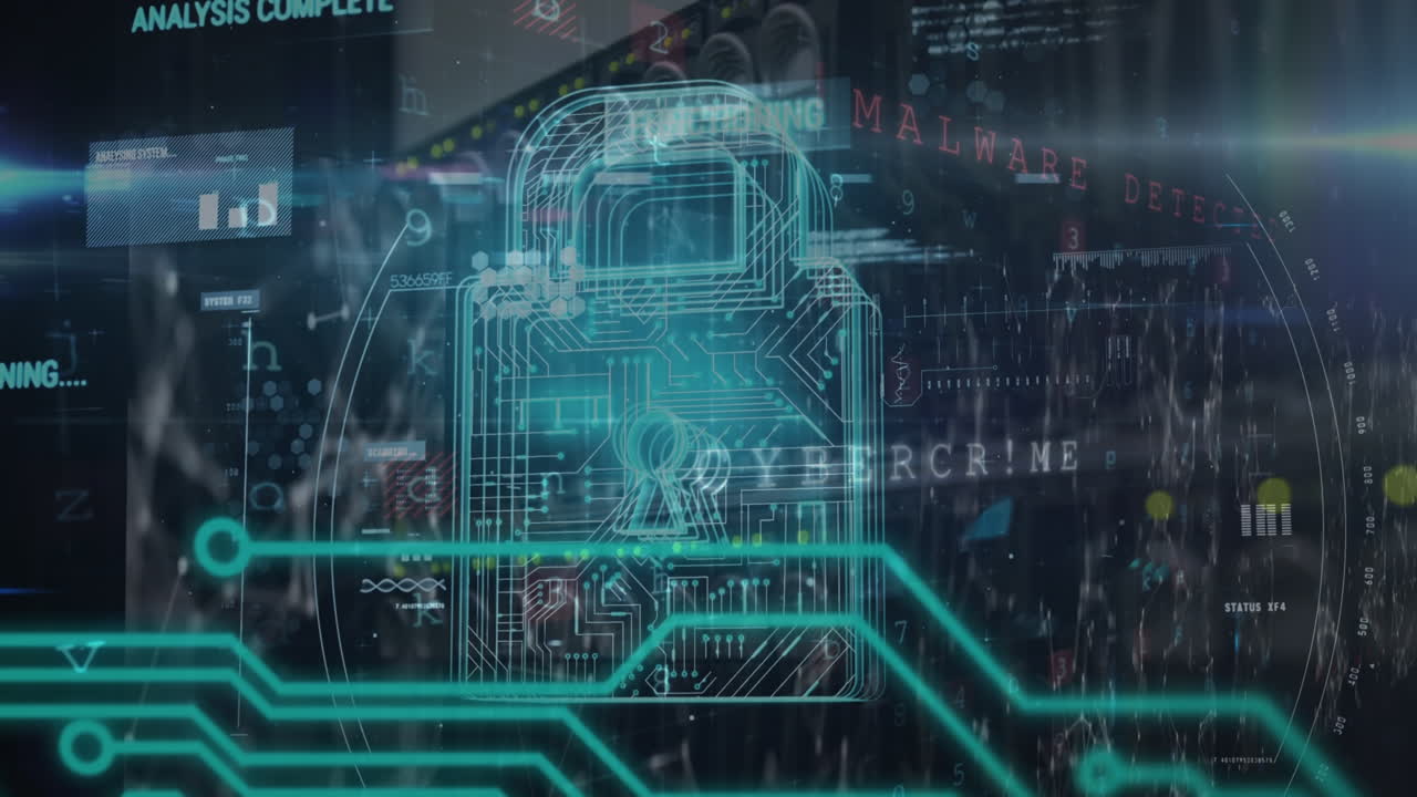 Animation of warning data processing, online security padlock and circuit board