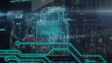 Animation of warning data processing, online security padlock and circuit board
