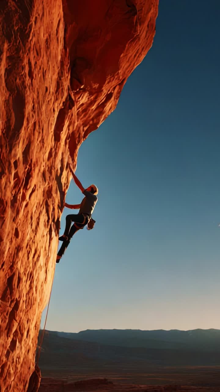 A Determined Climber Ascends a Majestic Rock Face Against a Sunset Sky, Showcasing Strength, Focus, and the Thrill of Adventure in the Great Outdoors