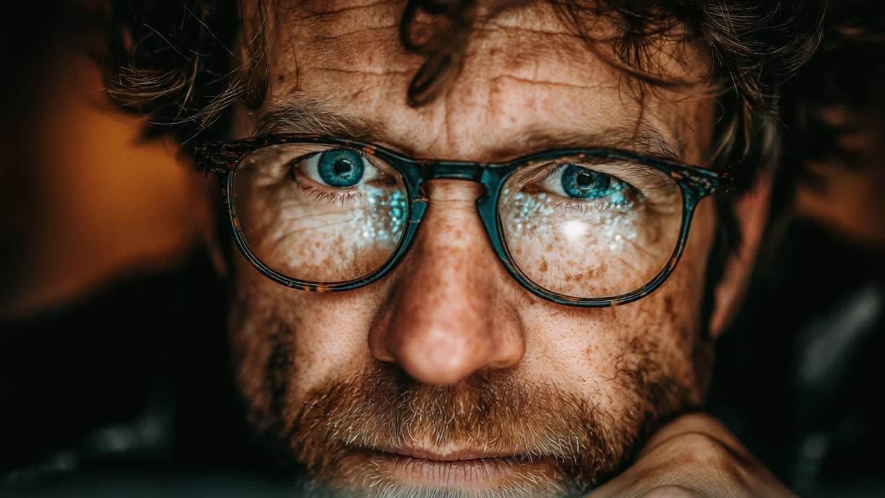 A Thoughtful Gaze: Captivating Close-Up of an Introspective Man with Glasses Reflecting Intriguing Patterns and Warm Tones, Evoking Curiosity and Depth