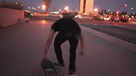 skateboarding at dusk in urban setting