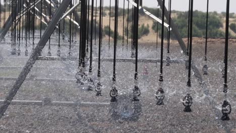 close up view of sprinkler pivot at work, watering crop for more growth