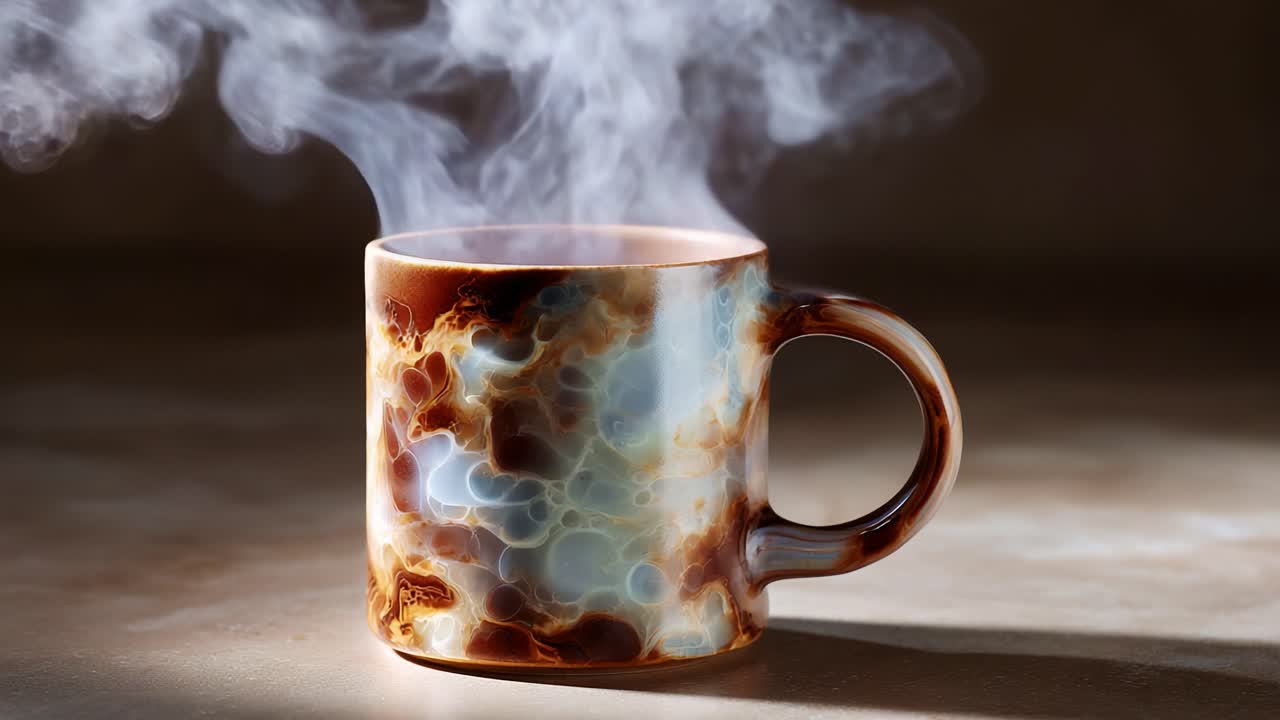 A Beautifully Crafted Coffee Mug Releases Aromatic Steam, Capturing the Essence of Warmth and Comfort in a Stunning Display of Colorful Swirls While Inviting You to Experience a Satisfying Sip