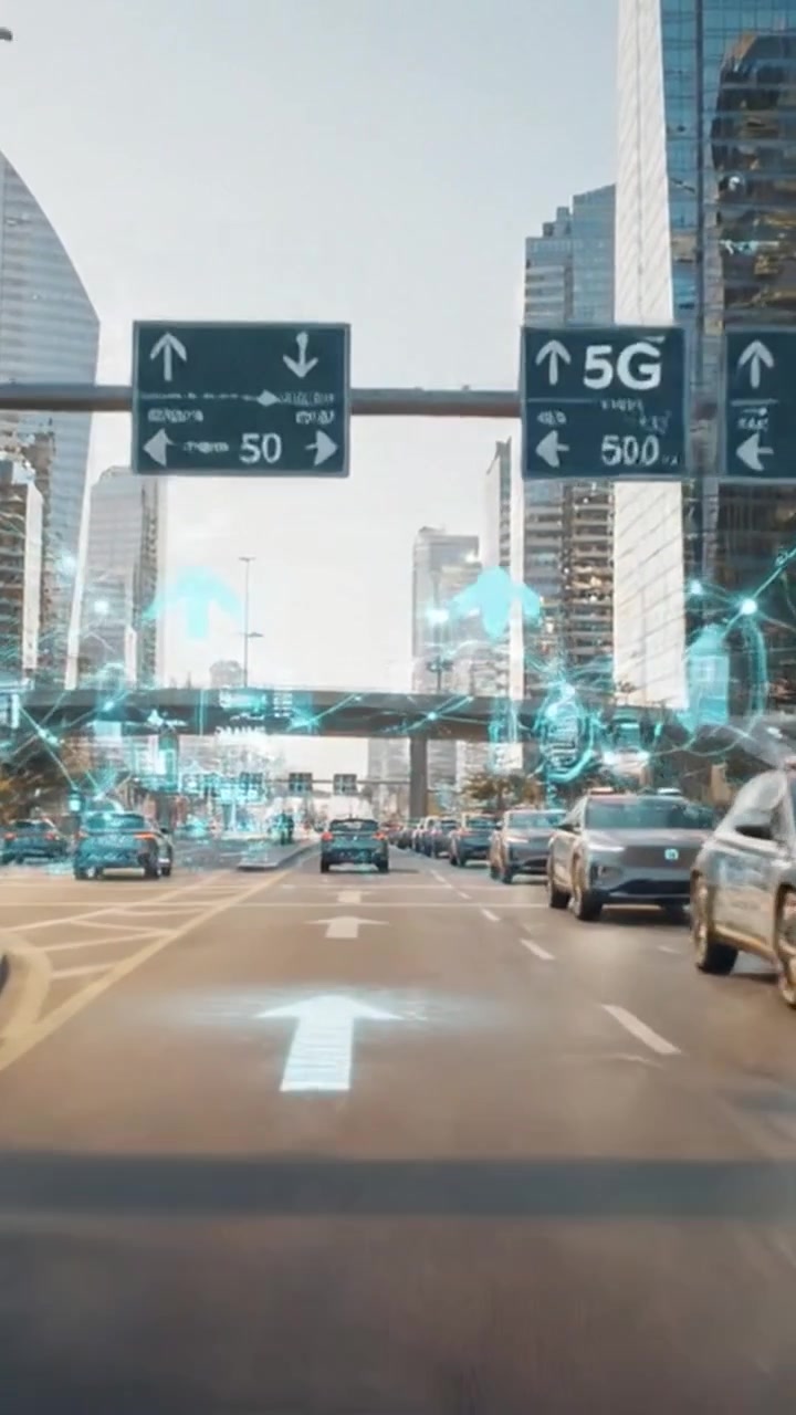Futuristic City Traffic with Smart Navigation Signals and Digital Connectivity Enhancements in a Urban Landscape Featuring Modern Vehicles