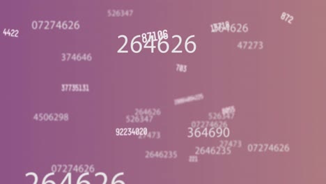 digital animation of multiple changing numbers floating and moving against purple background