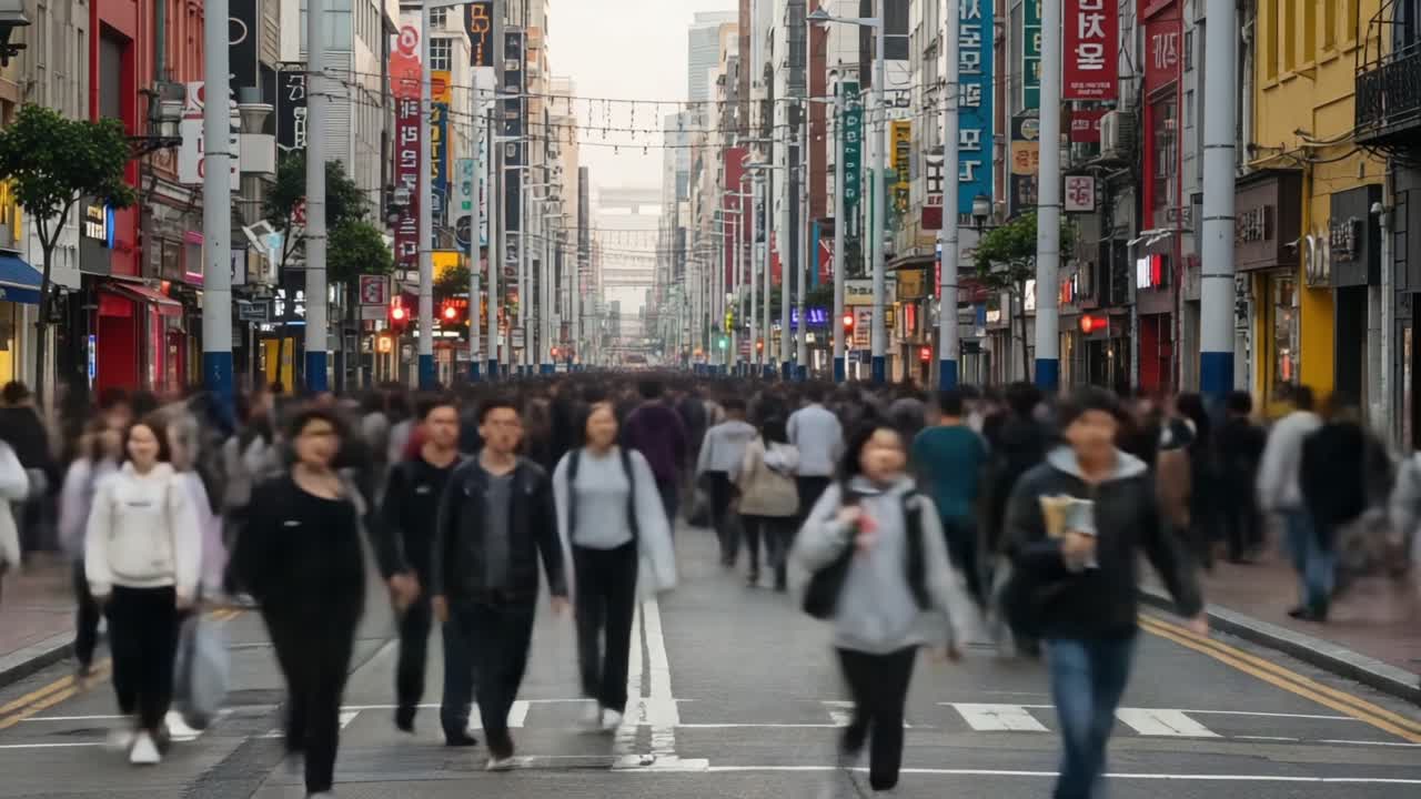 A Busy Urban Street Scene Capturing the Vibrant Life of a Crowded City as People Walk Alongside Colorful Shops and Bright Billboards in a Dynamic Atmosphere