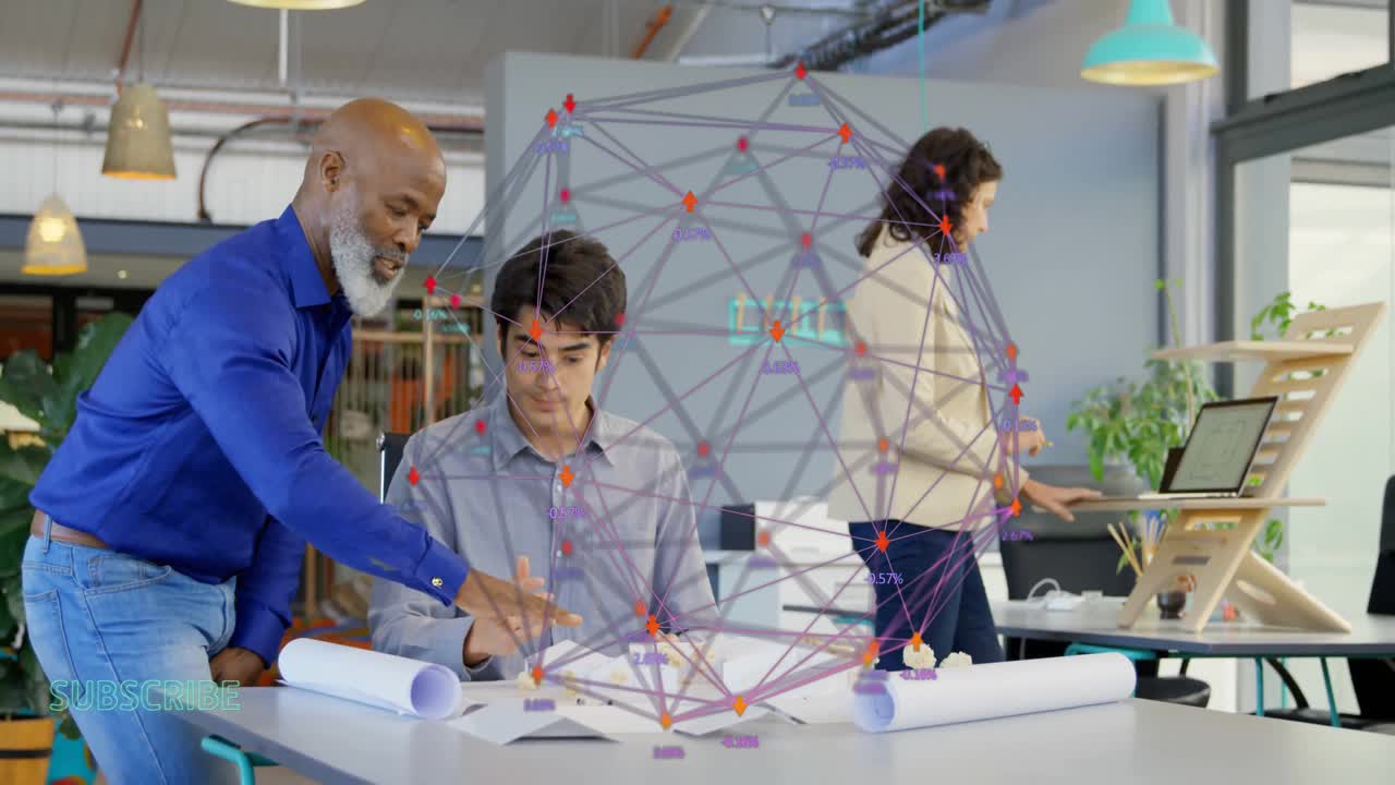 Architects collaborating over blueprints and laptop in office, showing animated blueprint overlays