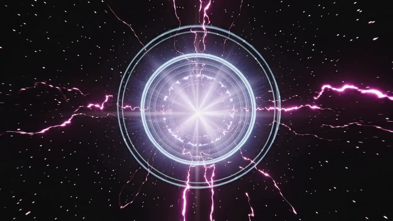 Anéis concêntricos centrais pulsantes e núcleo brilhando em campo estelar, arcos rosa respondendo ao impulso.