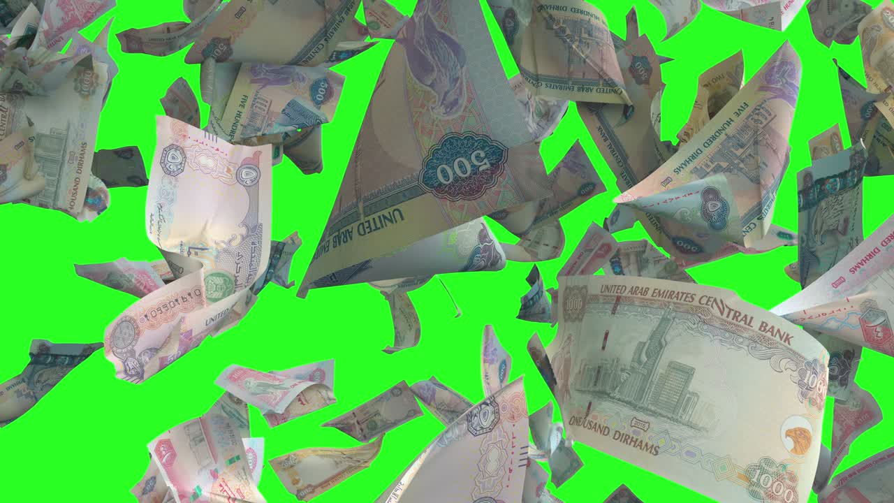 아랍에미리트 (uae) 의 지폐는 크로마 키 (chroma key) 4k로 루프가 가능하다.