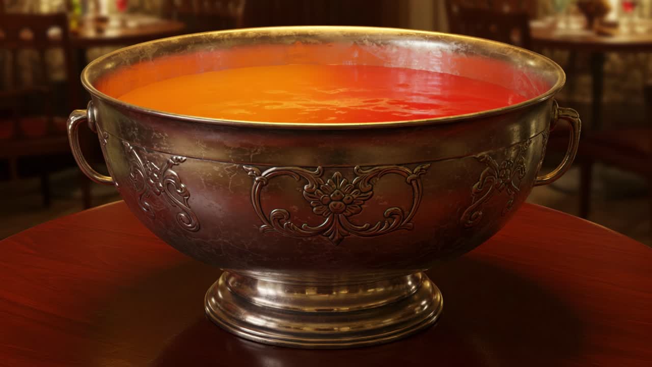A Stunning Close-Up View of a Silver Bowl Filled with Vibrant Orange Liquid, Capturing the Elegance and History of Dining Artistry