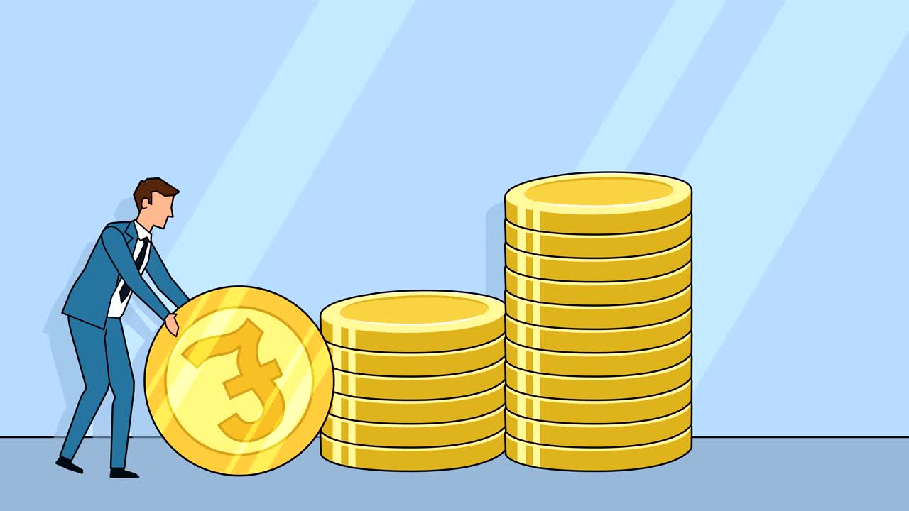 Karakter kartun pengusaha datar menggulirkan koin pound sterling animasi konsep uang