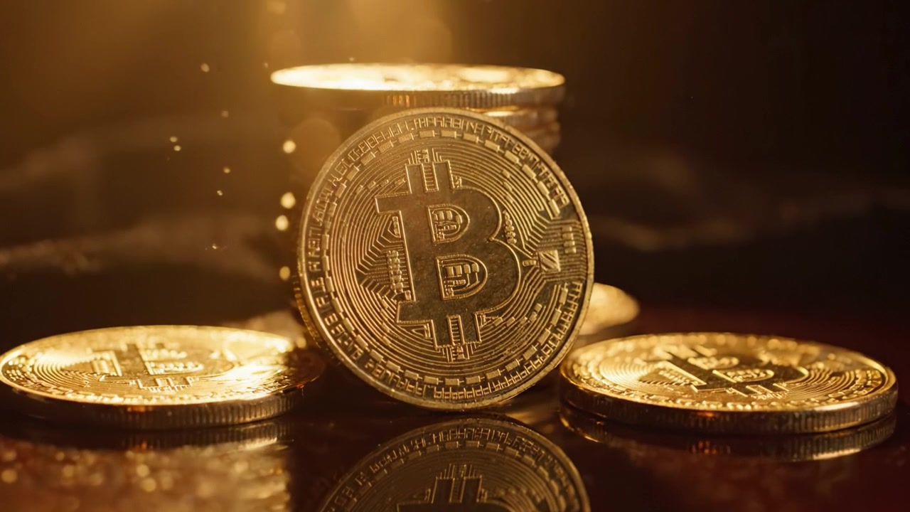 Uma Coleção Cintilante de Moedas Bitcoin Exibindo Seu Design Intrincado e Qualidade Reflexiva, Simbolizando Riqueza e a Crescente Popularidade da Moeda Digital nas Finanças Modernas