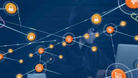 animation of network of connections over hacker using computer