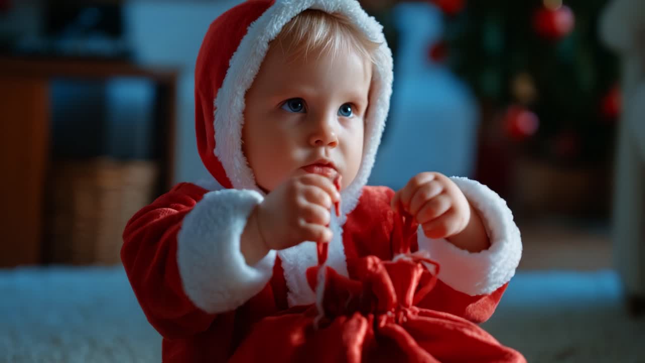 Un bambino curioso vestito da Babbo Natale esamina una borsa regalo festiva, catturando la gioia e la meraviglia delle feste in due incantevoli immagini.