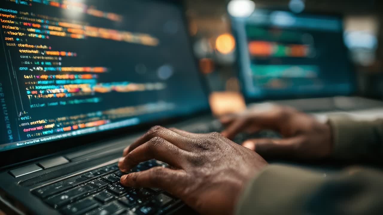A Programmer's Environment: Capturing the Intense Focus of Coding with Hands on a Laptop, Displaying Lines of Colorful Code in a Dynamic Workspace Setting