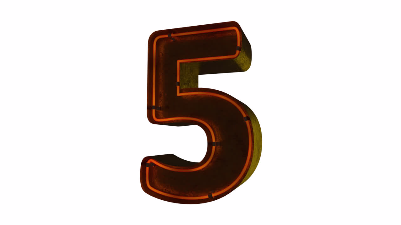 Numero 5 al neon che si illumina su sfondo bianco