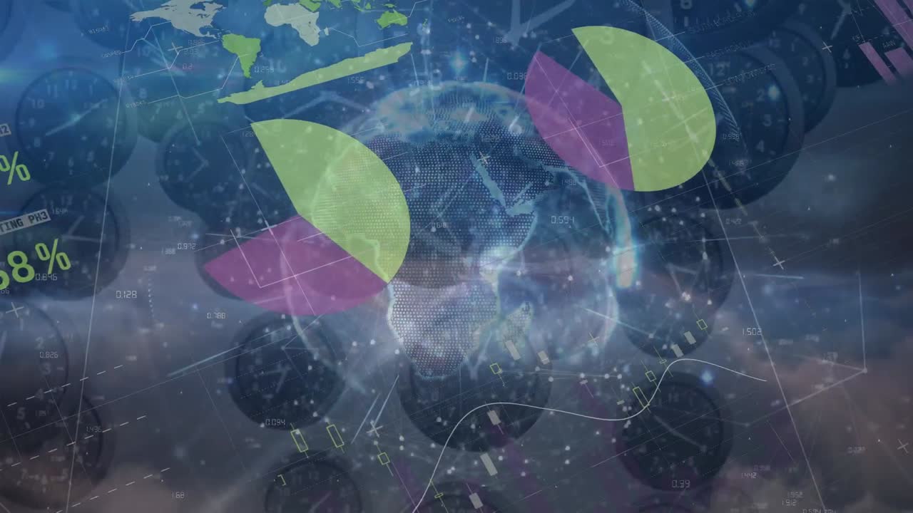 animación de datos, gráficos, gráficos con globo contra relojes girando en la interfaz gráfica de la computadora