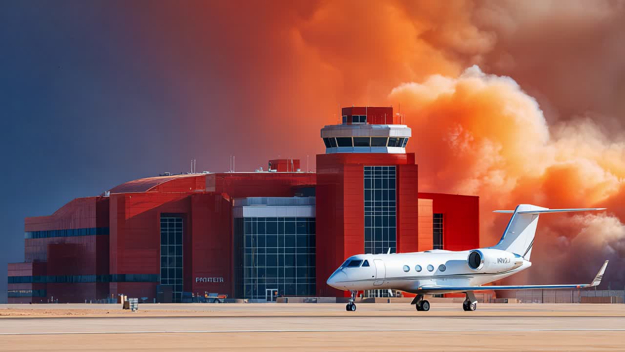 A sleek private jet is positioned on an airport tarmac in front of a strikingly modern terminal building, with dramatic smoke plumes creating a vibrant backdrop of orange and gray