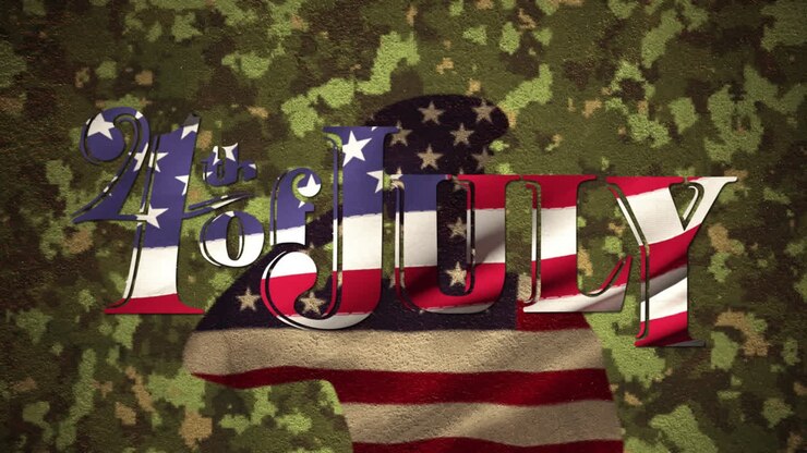 4th of July text over silhouette of soldier against camouflage background