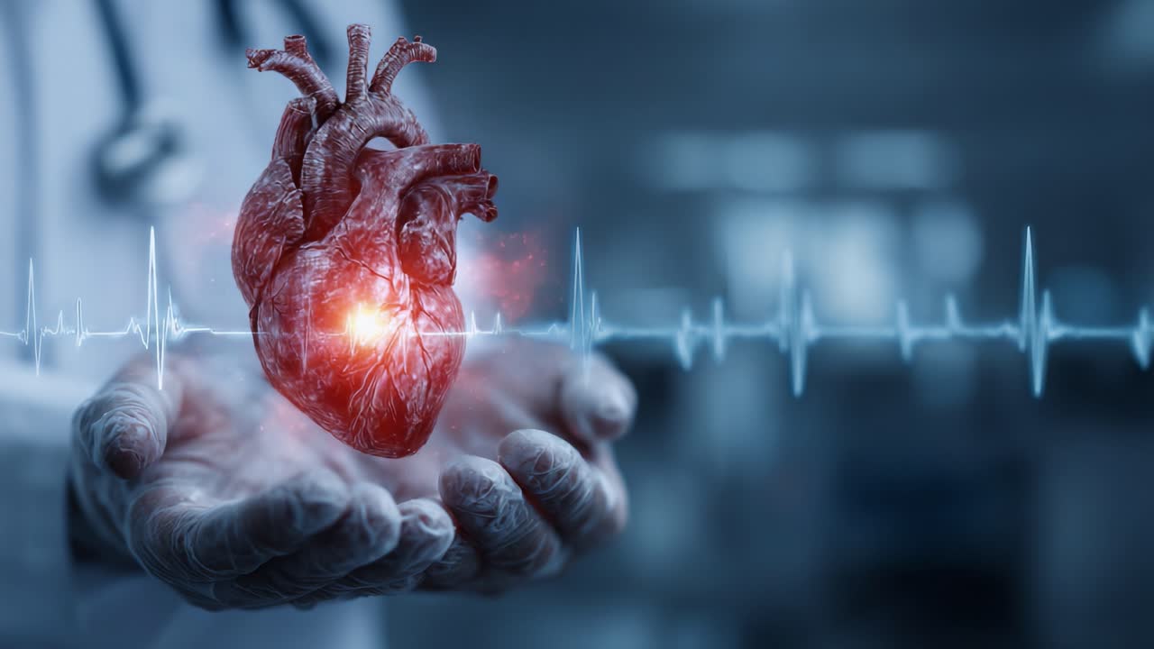 Innovative Visualization of Heart Anatomy Represented by a Realistic Heart Model Held by a Medical Professional Surrounded by Cardiac Function Readings