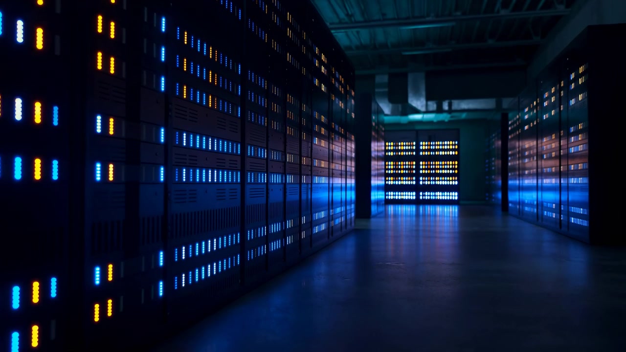 Bred indvendig udsigt over et moderne serverrum med glødende racklys langs begge sider af en lang central gang, mørkt gulv og kølig industriel overliggende.