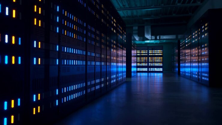 Široký pohled do interiéru moderní serverovny se zářícími světly racků podél obou stran dlouhé centrální uličky, tmavou podlahou a chladným průmyslovým stropním osvětlením.