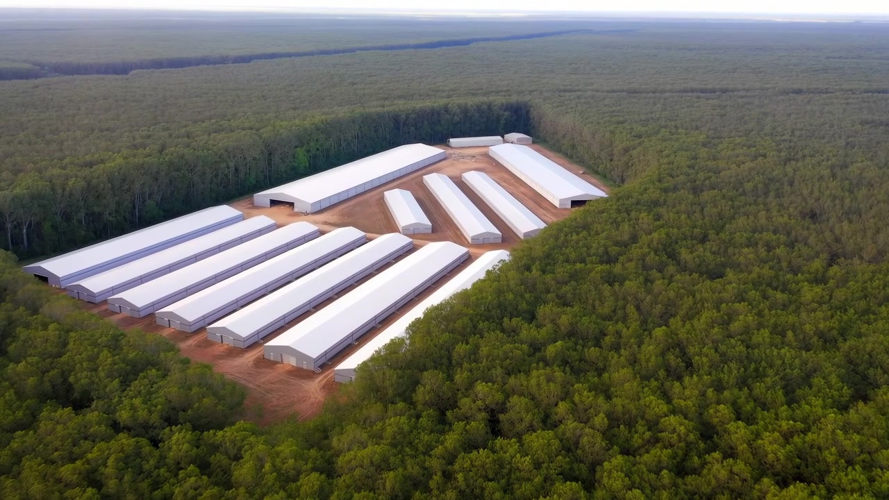 Aerial Poultry Farm Nestled Inside Forest, Long White Roof Barns Arranged In Parallel Rows Across Large