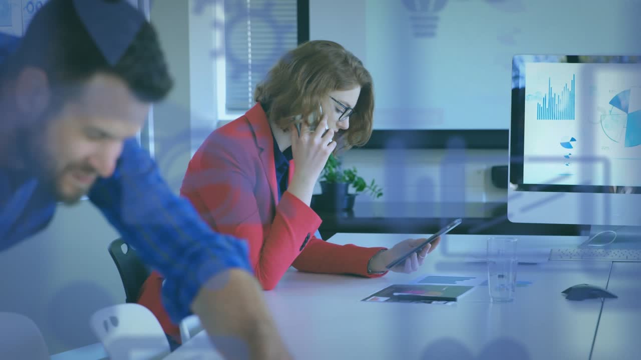 Animation of network of connections with icons over businesswoman using smartphone