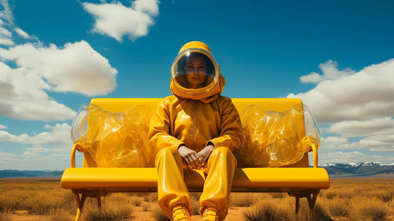 Person in yellow suit on bench in desert. A person wearing a bright yellow suit sits on a yellow bench in a vast desert under a blue sky with clouds