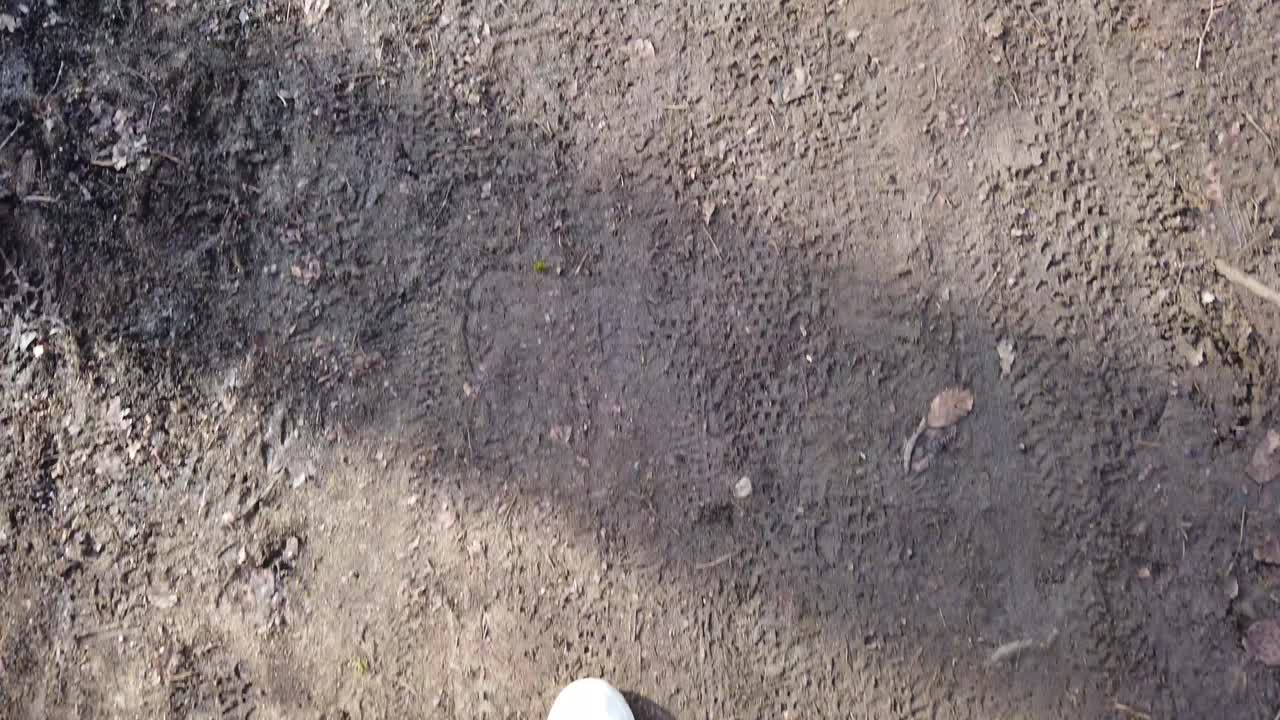 A close-up view of a person's foot stepping on a dirt path, capturing the texture of the ground and the shadow cast by the sunlight.