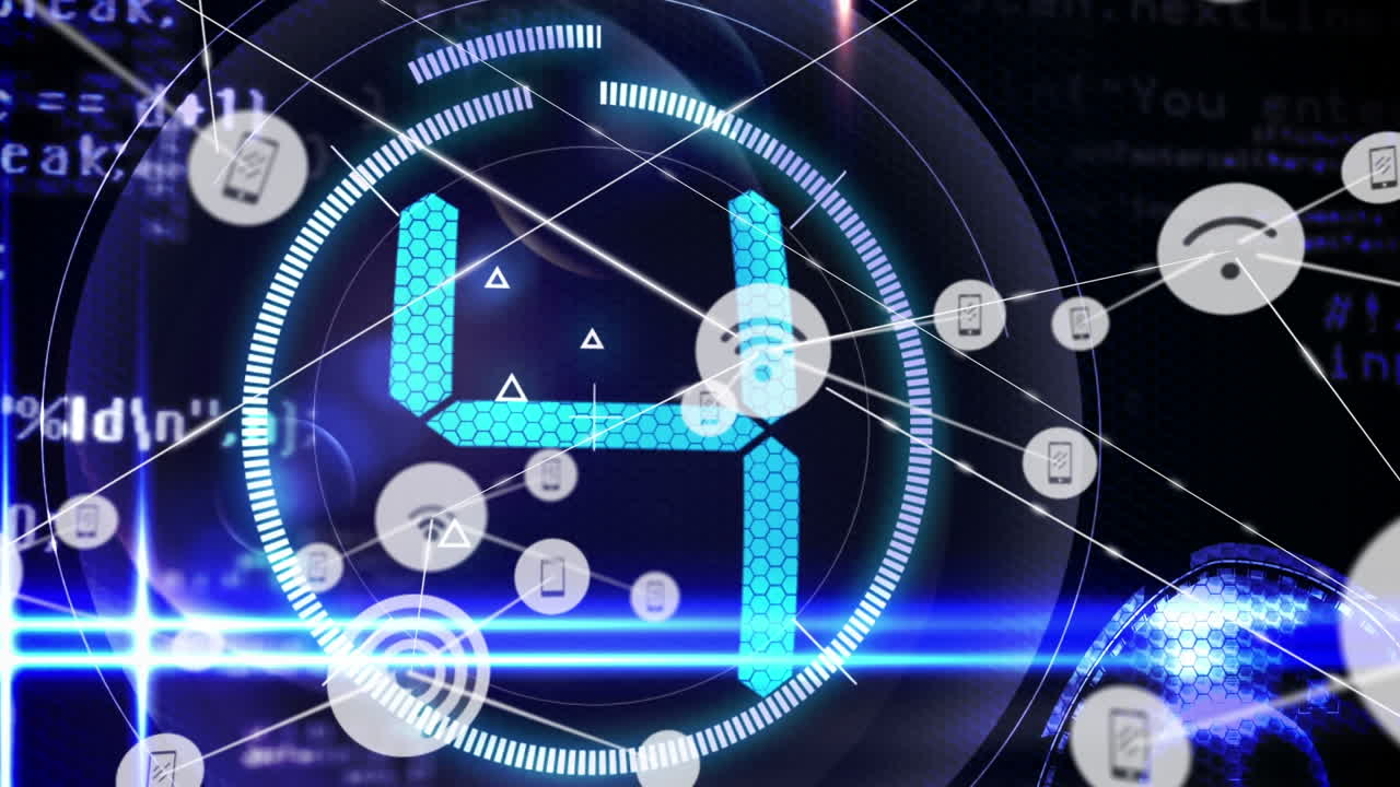 미디어 아이콘과 연결 네트워크의 애니메이션 카운트다운