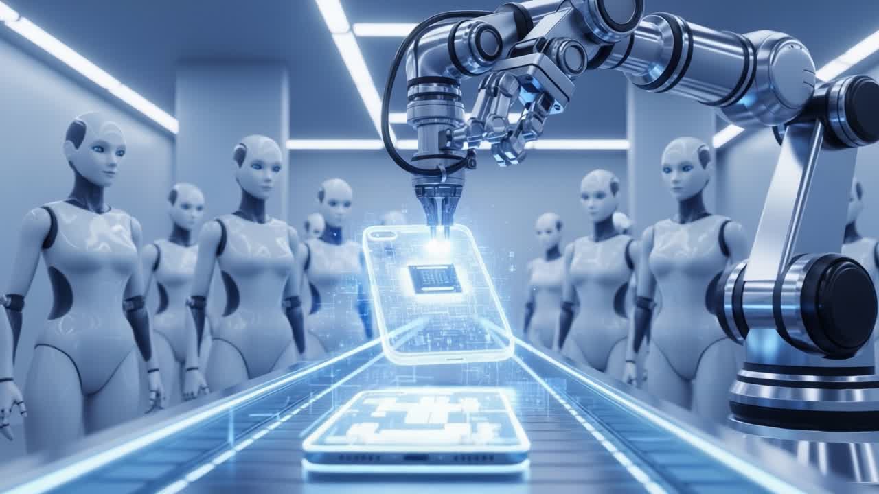 A Futuristic Scene Featuring a Robotic Arm Interacting with a Transparent Smartphone on an Assembly Line Surrounded by Android Figures in a High-Tech Environment