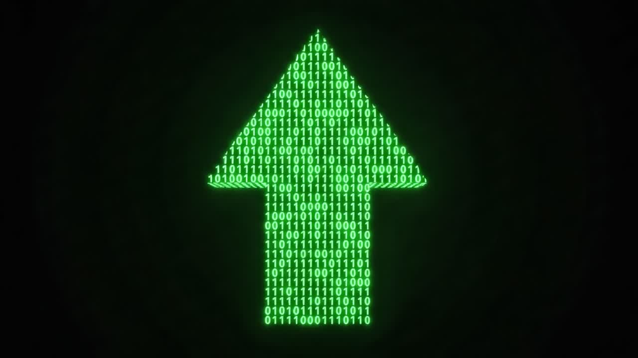 Green Binary Arrow Signaling Upward Movement in a Dark Background, Representing Data Flow and Digital Communication in Modern Technology