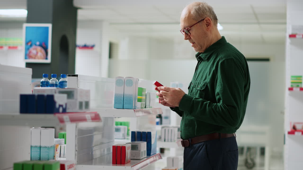 Senior man shopping for medicine in a pharmacy