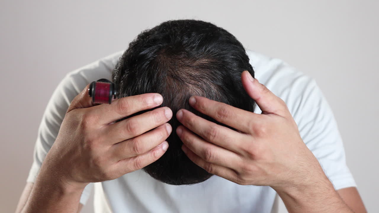 탈모 부위에 더마 롤러를 사용하는 콜라겐 유도 요법은 모발 재성장을 개선합니다.