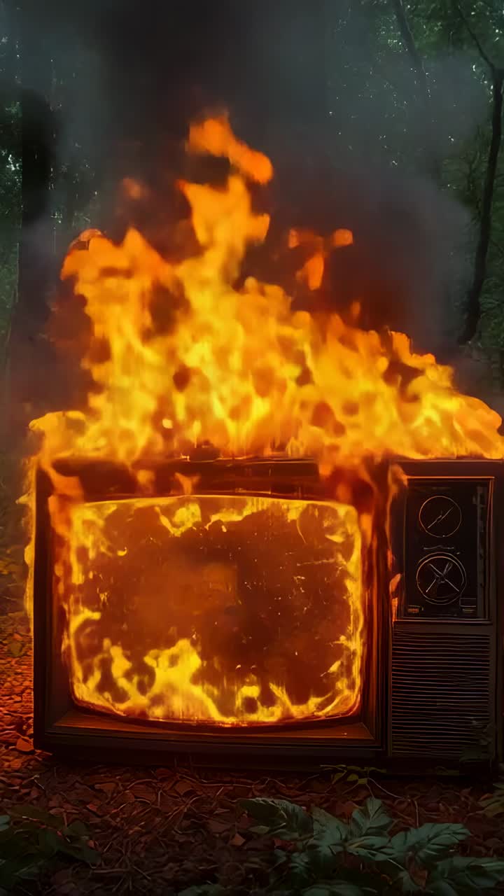 Vertical video: Flames emerging around vintage CRT TV, smoke billowing on leaves in wooded clearing