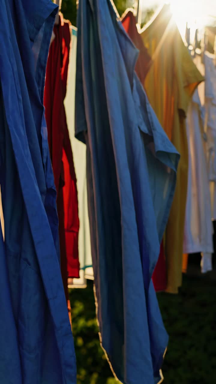 Sunlit clothes on a line, shot from a low angle, capturing a warm, nostalgic vibe