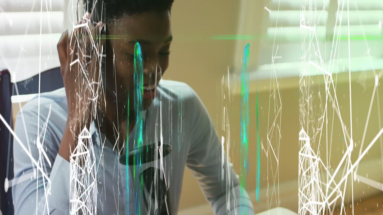 Animation of abstract pattern over african american woman wearing headphone and announcing on mic