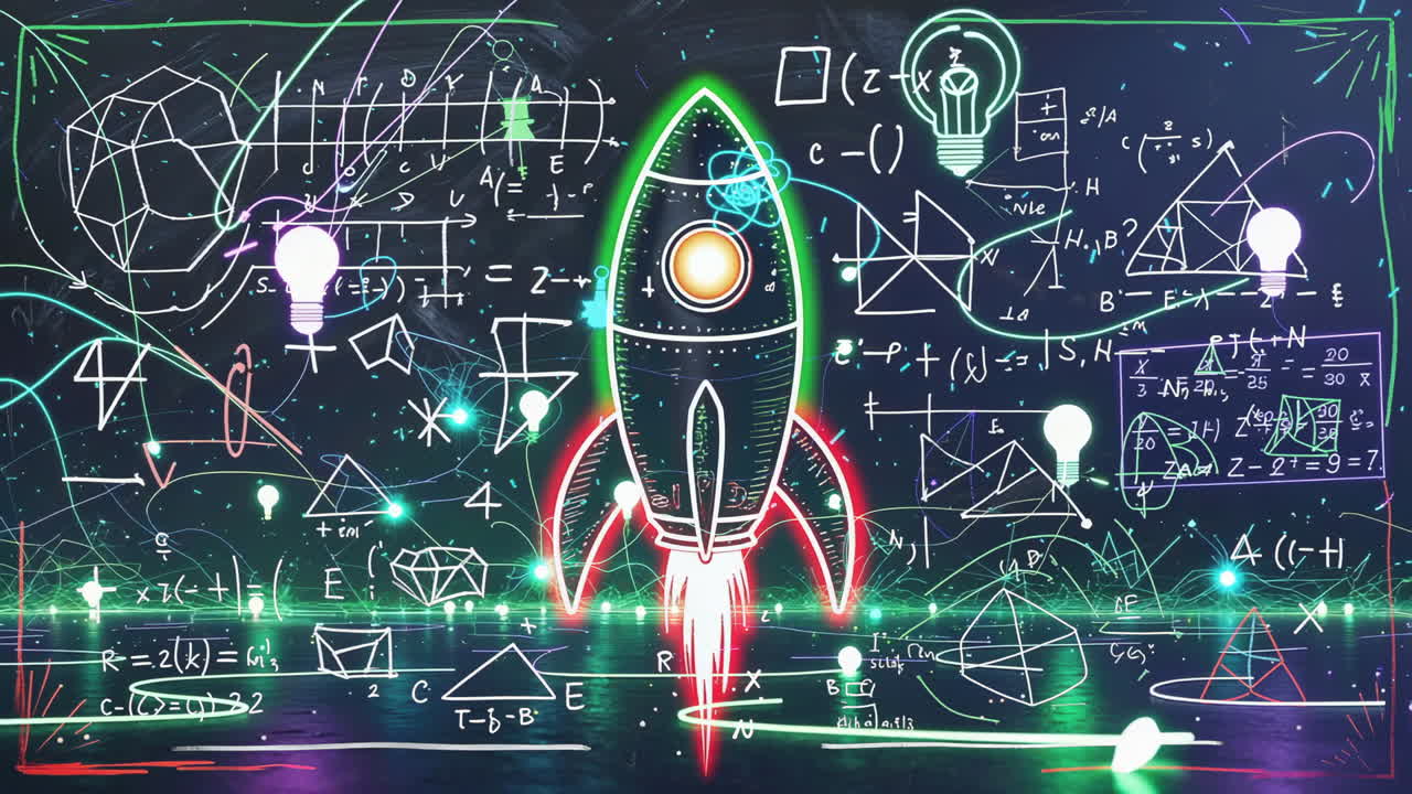 Konceptuell bild av en raket bland vetenskapliga ekvationer och idéer
