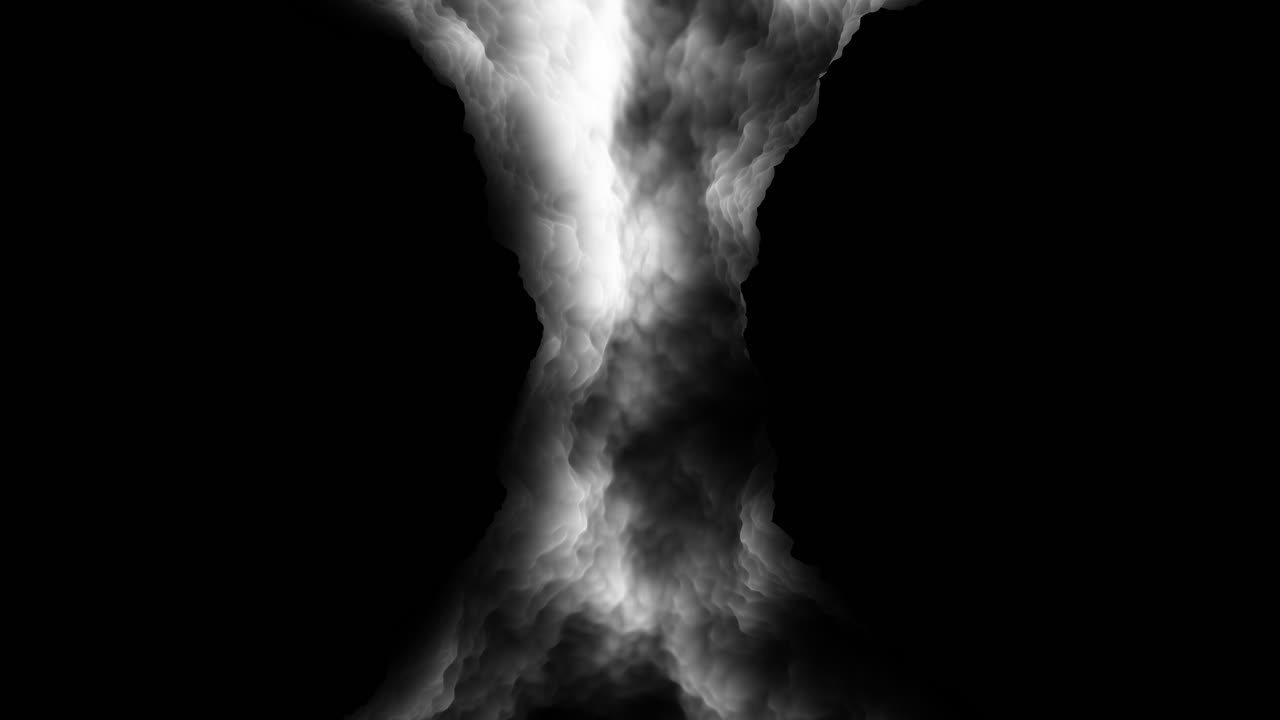 Fumo bianco e nebbia ad alto contrasto che si gonfiano e turbinano nell'oscurità, creando uno sfondo astratto drammatico per sovrapposizioni, titoli, transizioni e compositing VFX.