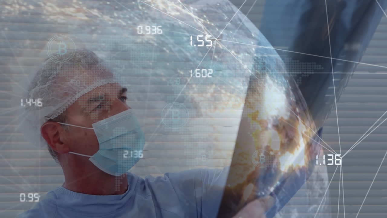 red de conexiones sobre cirujano caucásico examinando el informe de rayos x contra el globo giratorio