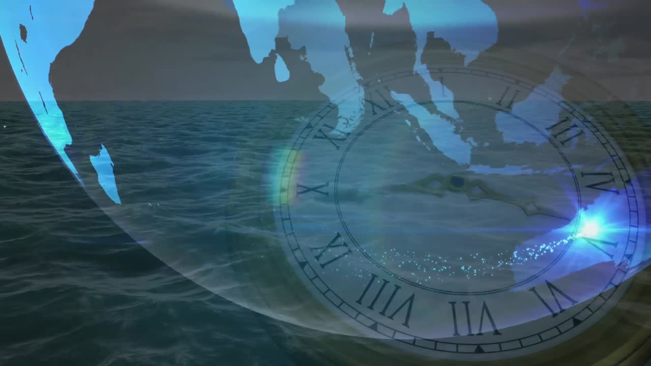 animación de un globo azul giratorio y una estrella fugaz sobre relojes, en el fondo del cielo nocturno