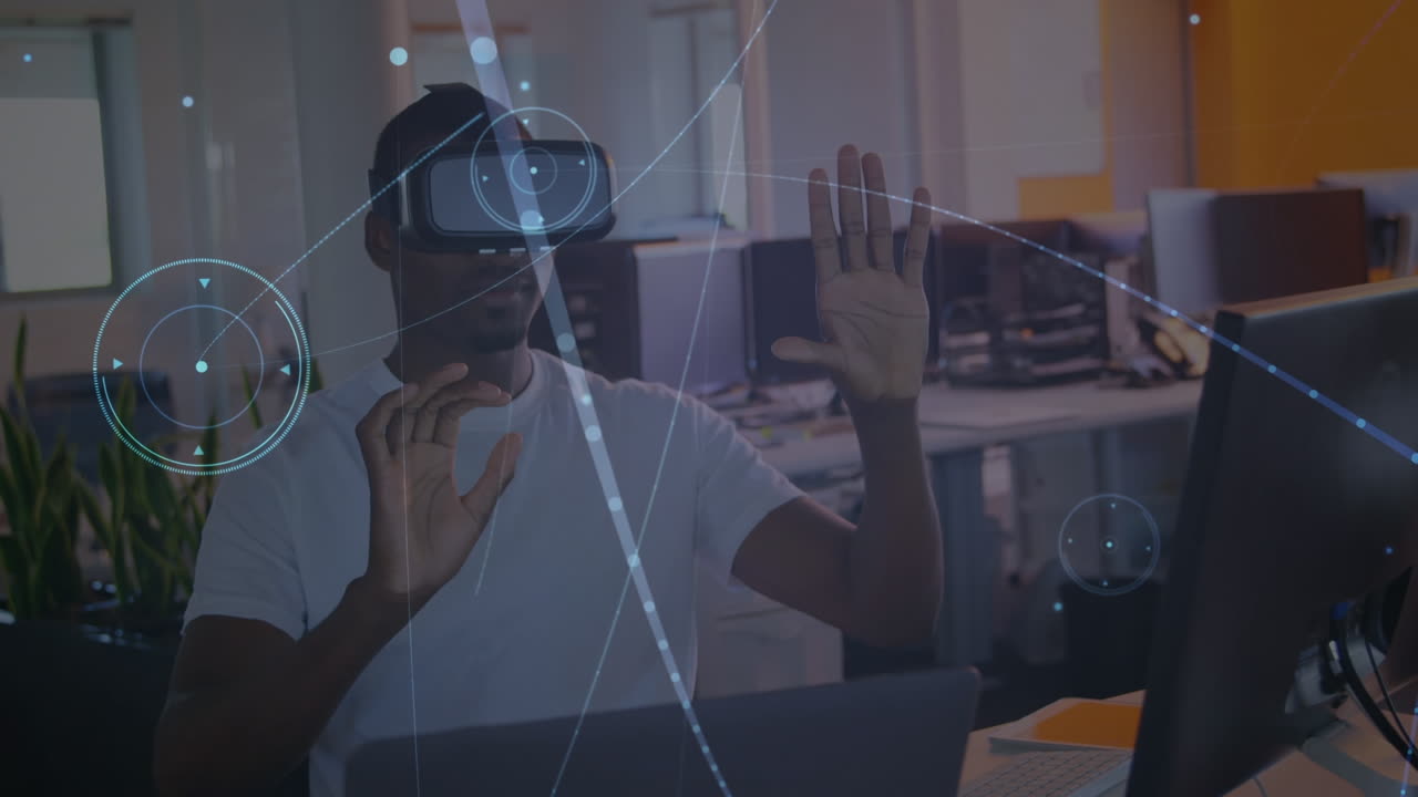 Animation of network of connections over african american man wearing vr headset