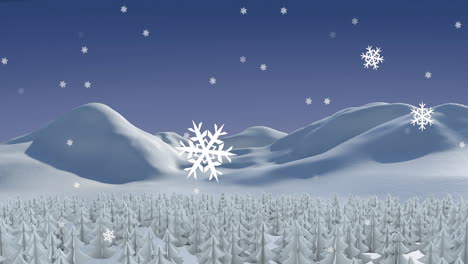 animation of snow falling over fir tree in winter landscape