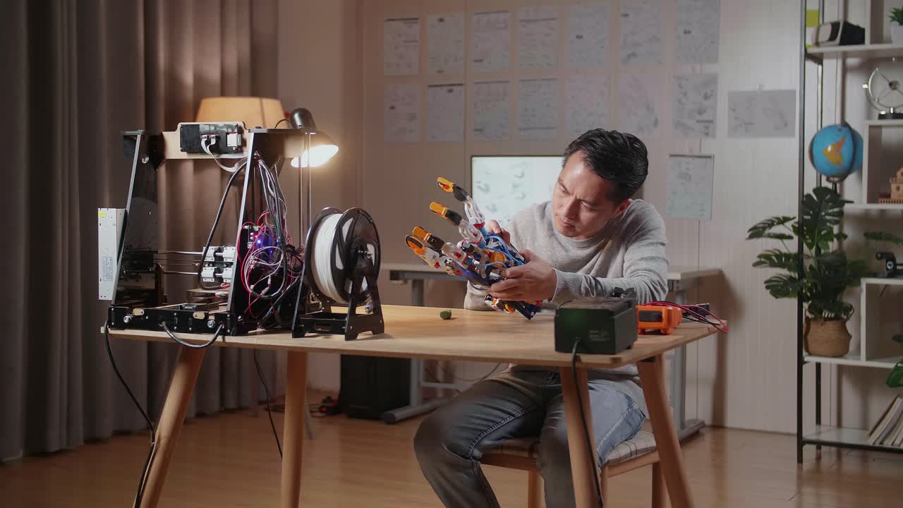 3d 인쇄된 로 손을 작업하는 사람