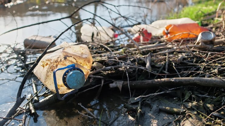 Costa del fiume con molte bottiglie di plastica sparse